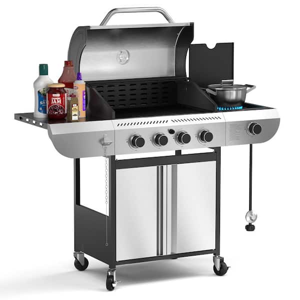 3-Burner Propane Gas Grill with Side Burner Portable Stainless Steel BBQ Outdoor Stovetop, 34,000 BTU