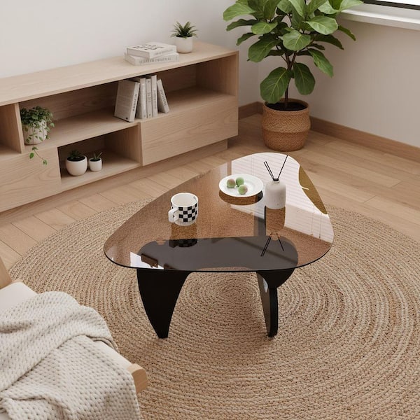 35.82 in. Brown Triangle Glass Coffee Table with Black Legs for Living Room, Bedroom