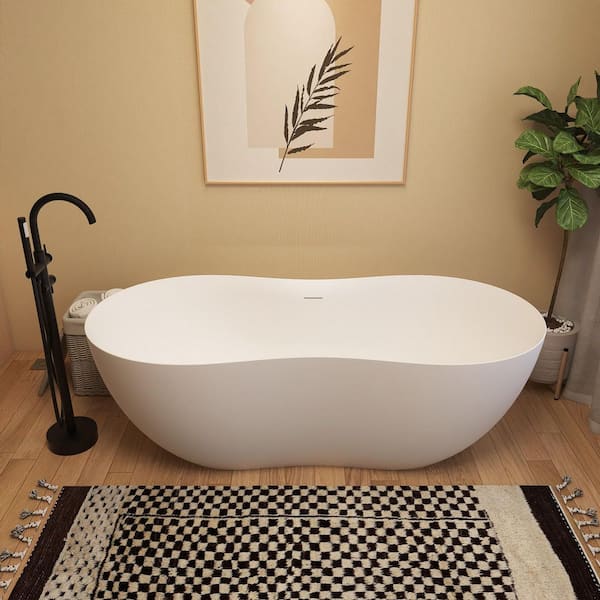 VanityFus 62.99 in. x 25.59 in. Solid Surface Freestanding Bathub with Center Drain in White