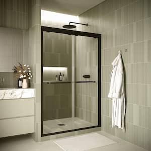 Savio 48 in. W x 74 in. H Sliding Shower Door, CrystalTech Treated 5/16 in. Tempered Clear Glass, Matte Black Hardware