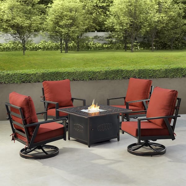 Oakland Living Black 6-Piece Aluminum Patio Fire Pit with 4-Club Chairs Red Cushions