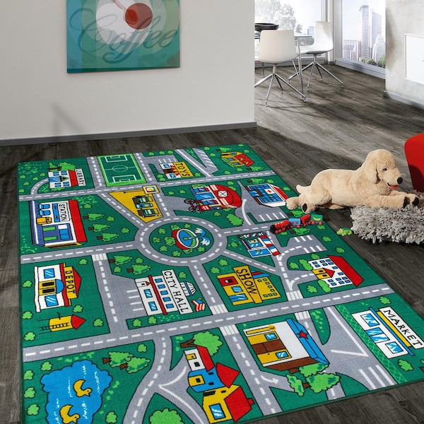 World Rug Gallery Kids Playmat Green 5 ft. x 7 ft. Road Traffic