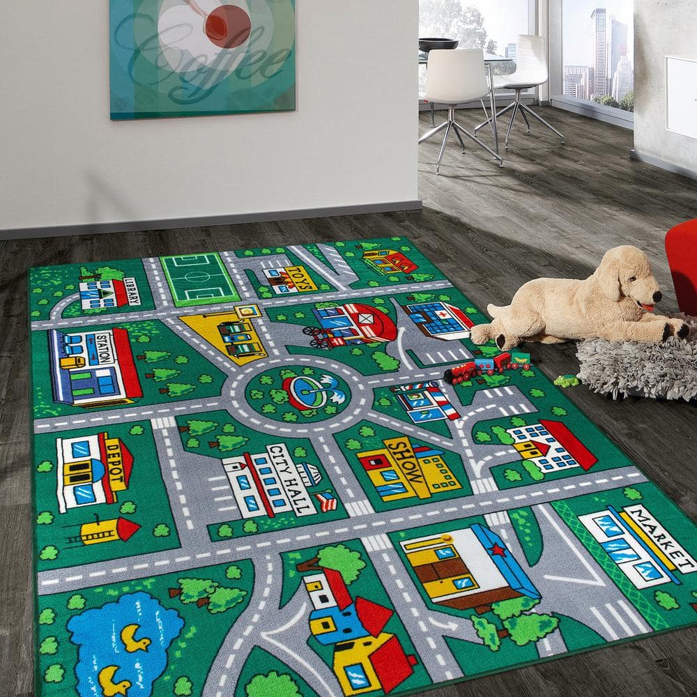 Green Educational Road Traffic Kids Playmat Area Rug 7'10" x 10'