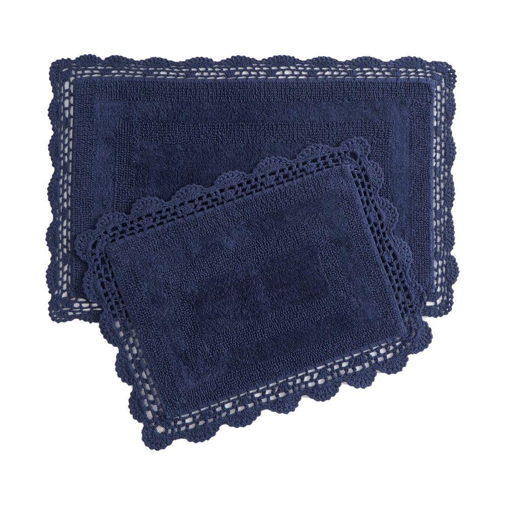 Laura Ashley Crochet Indigo Blue 21 in. x 34 in. Solid 100% Cotton 2-Piece Bath Rug Set LAYMB007188