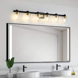 50 in. 6-Light Matte Black and Gold Bathroom Vanity Light with Clear Glass Shades