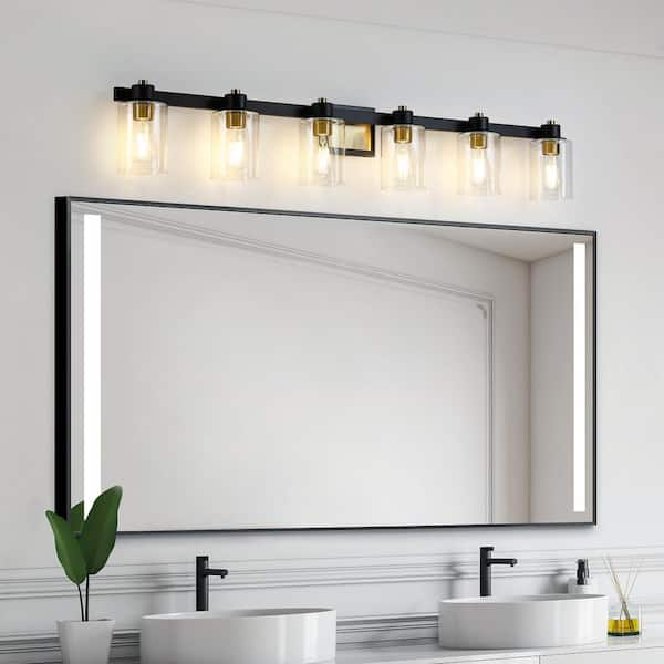 50 in. 6-Light Matte Black and Gold Bathroom Vanity Light with Clear Glass Shades