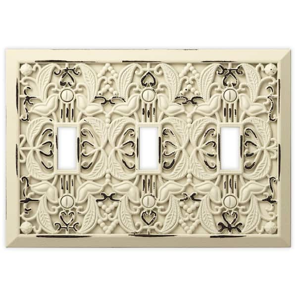 AMERELLE Filigree 3 Gang Toggle Metal Wall Plate - Antique White