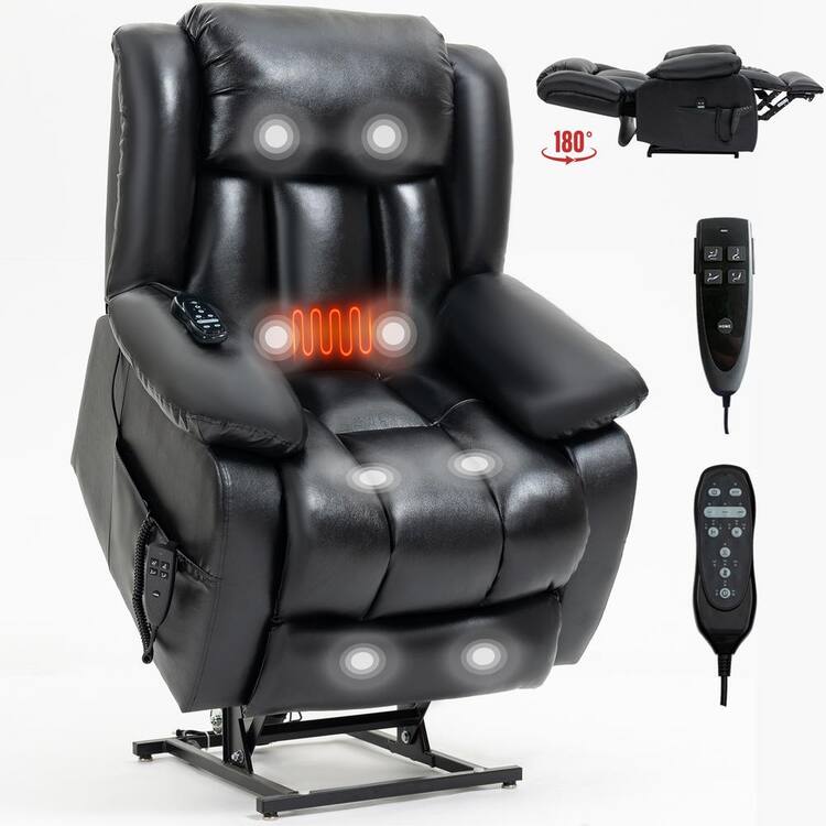 Boyel Living Black Genuine Leather Power Lift Recliner Chair Dual Motor Recliner with 8-Point Vibration Massage, Lumbar Heating
