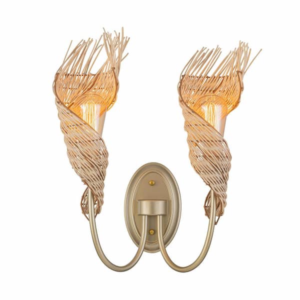 Dena 14 in. 2 Light Gold Modern Coastal Armed Wall Sconce With Rattan Shade