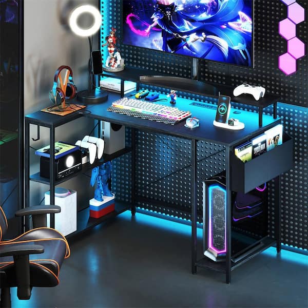 48 in. L-Shaped Black Wood 0-Drawer Computer Desk with LED Lights & Power Outlets Storage Shelves