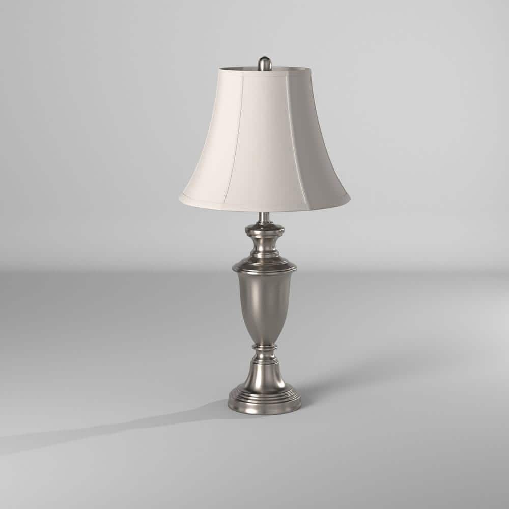 Brushed Steel Table Lamp Set with White Silk Shades