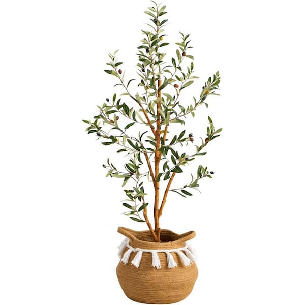 3. 5ft. Artificial Olive Tree with Handmade Jute & Cotton Basket with Tassels