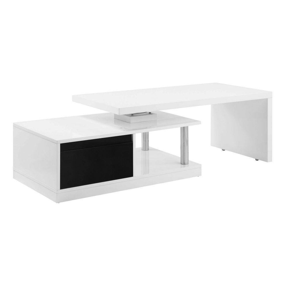 Benjara Ida 63 in. Gloss White Wood Top Swivel Coffee Table with Stainless Steel Pillars