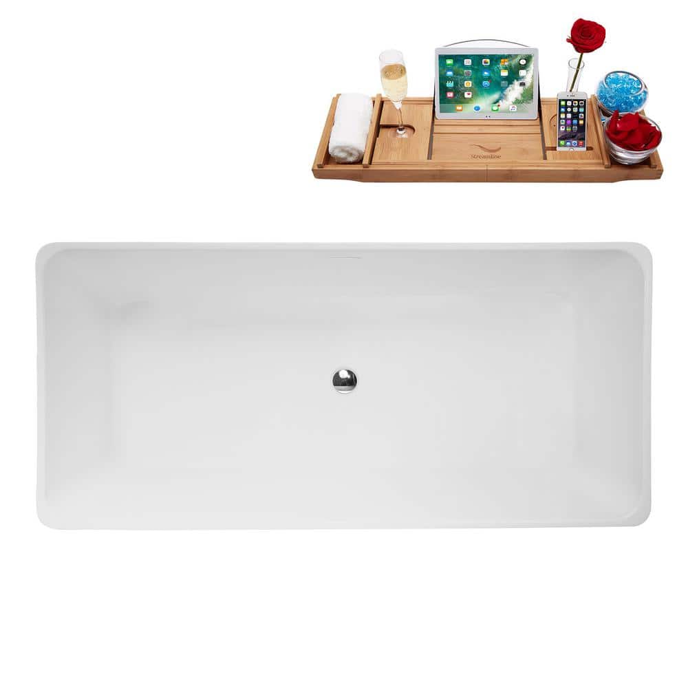59" Glossy White Acrylic Freestanding Soaking Bathtub with Bamboo Tray