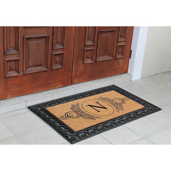 A1 Home Collections A1hc Markham Picture Frame Black/Beige 30 in. x 60 in. Coir and Rubber Flocked Large Outdoor Monogrammed F Door Mat
