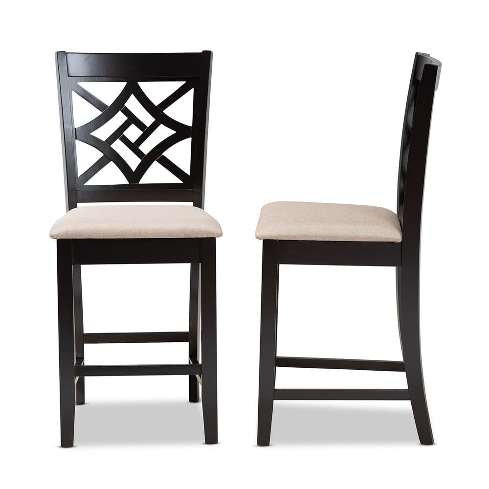 Nicolette Sand and Dark Brown Wood Counter Stool Set with Intricate Backrest Design
