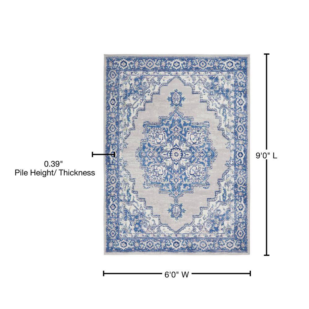 Grey Blue Floral Motif 6' x 9' Easy-Care Synthetic Area Rug