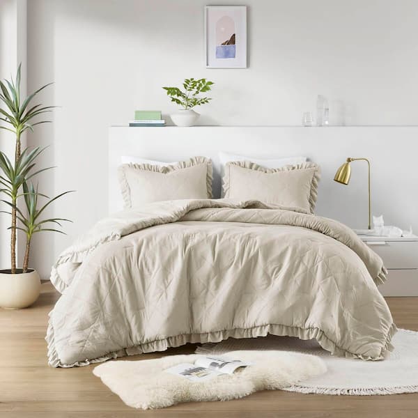 510 Design Phoebe 2-Piece Neutral Microfiber Twin/Twin XL Diamond Quilted Ruffle Edge Comforter Set