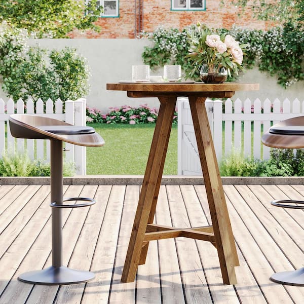 Solid Wood 35.43 in H Brown Round Bar Table, Round Pub Bistro Table Seats 2 for Cafe, Dining Room, Kitchen, Living Room