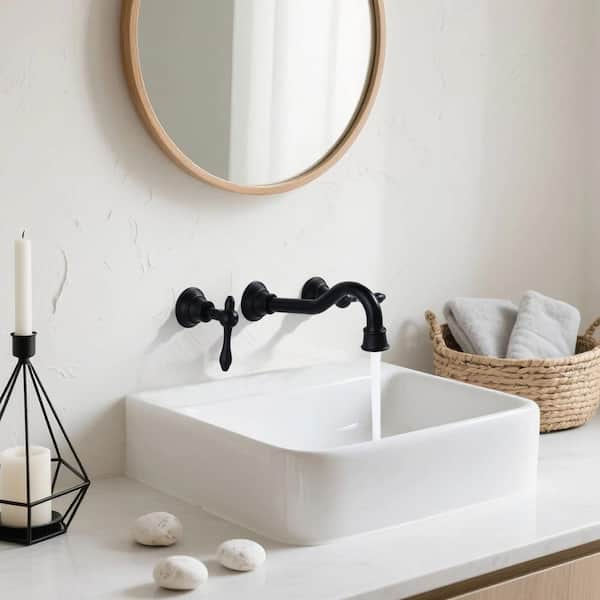 Retro Romantic Style Double Handle Wall Mounted Bathroom Faucet in Matte Black