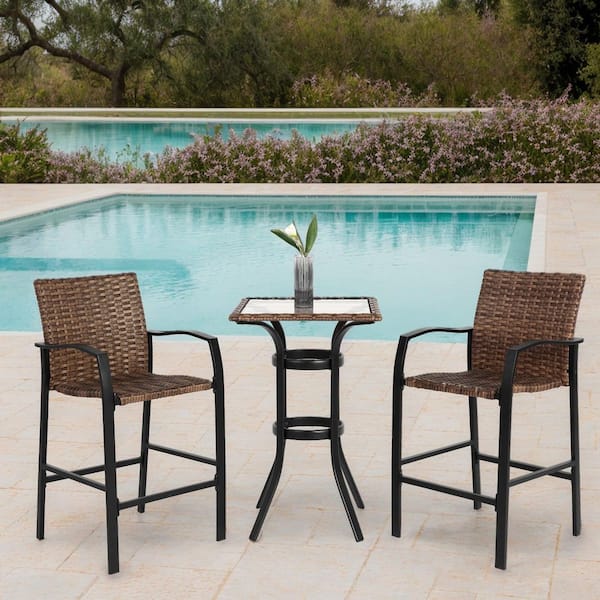 Siavonce 3-Pieces Wicker Outdoor Bar Stool Set, Rattan Bar Chairs with Glass TableTop, Wicker Bar Stools, Brown
