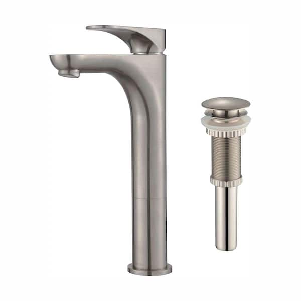 KRAUS Aquila Single Hole Single-Handle Vessel Bathroom Faucet with Matching Pop-Up Drain in Brushed Nickel