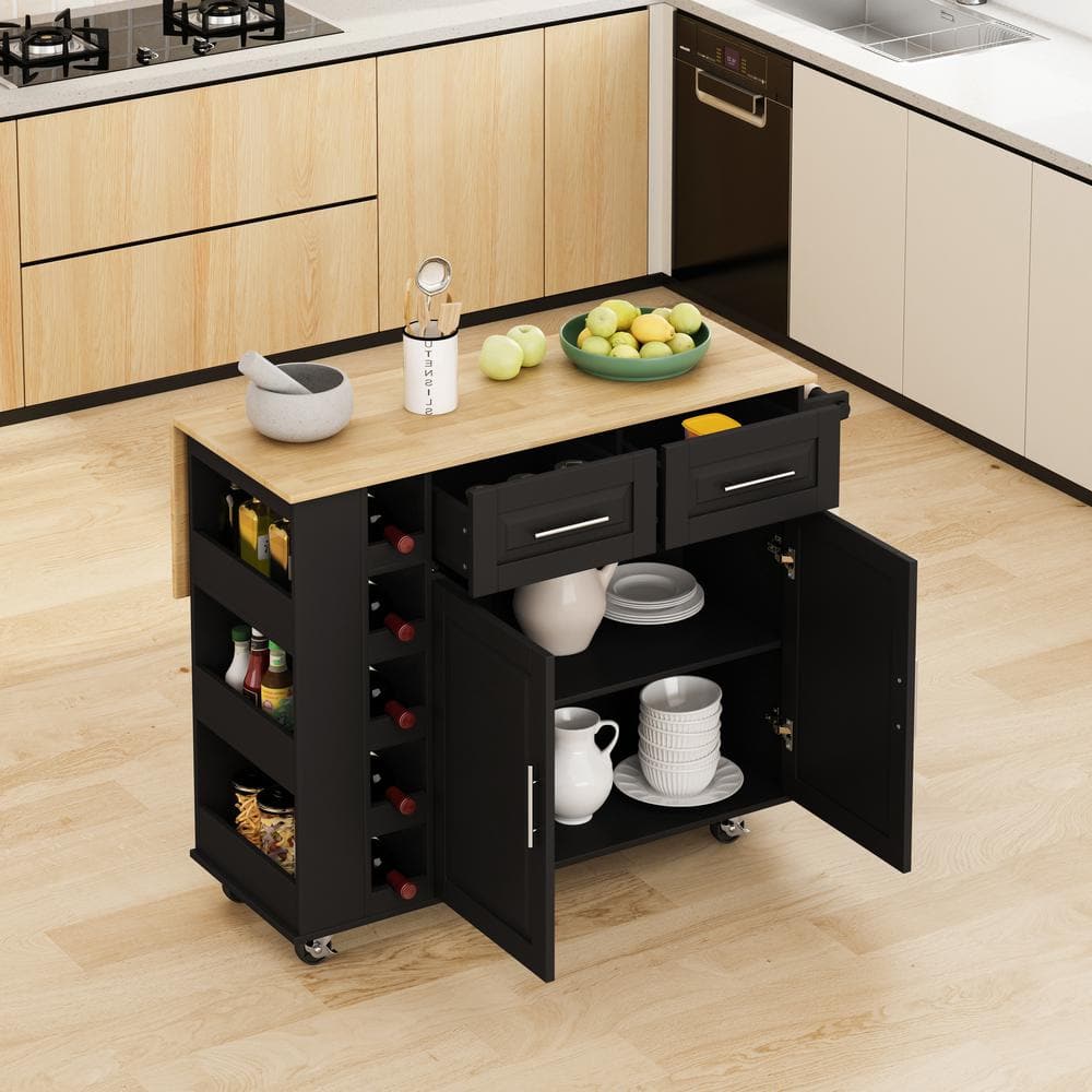 Black Rubber Wood Kitchen Cart with Drop Leaf, 2 Door Cabinet, Two Drawers,