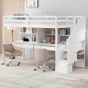 White Twin Size Wooden Loft Bed with Storage Staircase and Double Desks and Shelves