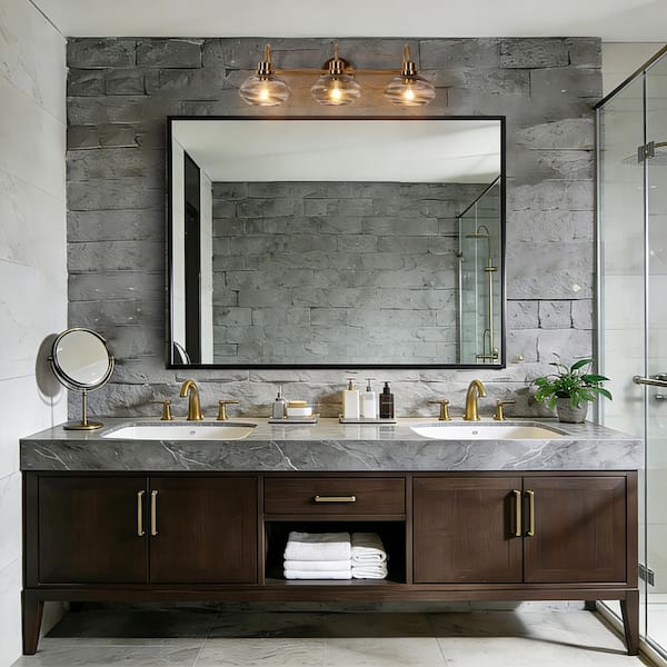25.6 in. 3-Light Modern Farmhouse Brass Bathroom Vanity Light with Hand-Blown Cloudy Glass Shades Glam Powder Room Light