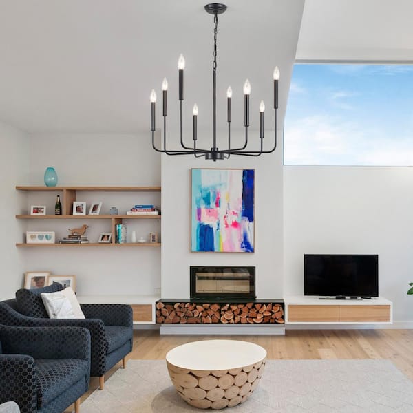 8-Light Black Candlestick Hanging Linear Chandelier Lighting Ceiling Light for Kitchen Island