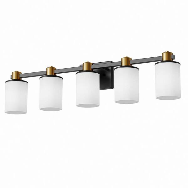 YANSUN 33 in. 5-Light Matte Black Gold Bathroom Vanity Light, Frosted Glass Shade Wall Sconce for Bathroom, Bedroom