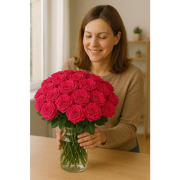 FLORAVAS 25-Stem Hot Pink Roses with Glass Vase-Fresh Cut Rose