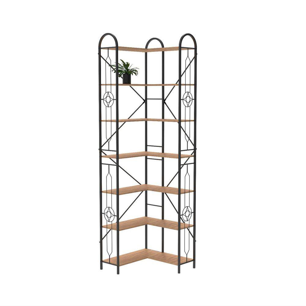 86.02 in. H Brown 7-Tier Industrial Style Shelf, Corner Bookshelf, Thickened Iron Frame & Laminate for Living Room Study