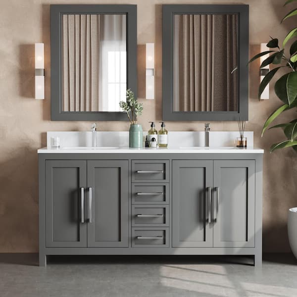Acadian 63 in., White Porcelain Top Double Sink Bathroom Vanity in Dark Grey