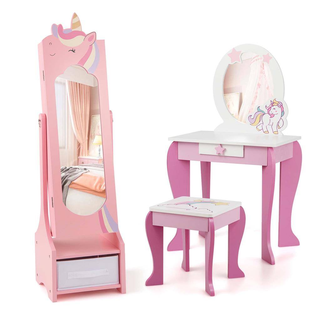 Kids Vanity Set Princess Makeup Dressing Table & Chair Set with Kids Jewelry Armoire Pink