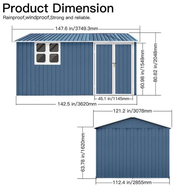 Blue 12 ft. W x 10 ft. D Outdoor Metal Storage Shed Waterproof