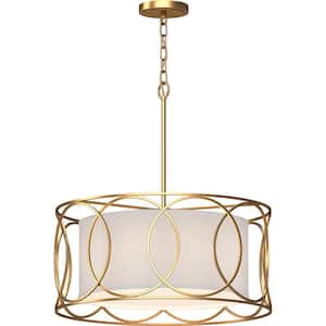 4-Light Antique Gold Drum Pendant Light with White Fabric Shade and Golden Rings
