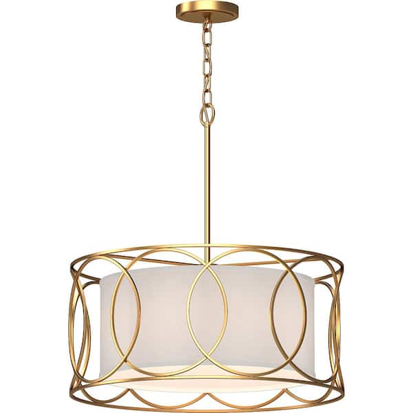 Volume Lighting 4-Light Antique Gold Drum Pendant Light with White Fabric Shade and Golden Rings