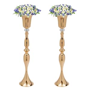 2-Piece 29.1 in. Tall Wedding Centerpieces Gold Metal Tabletop Trumpet Vases with Crystal Bead