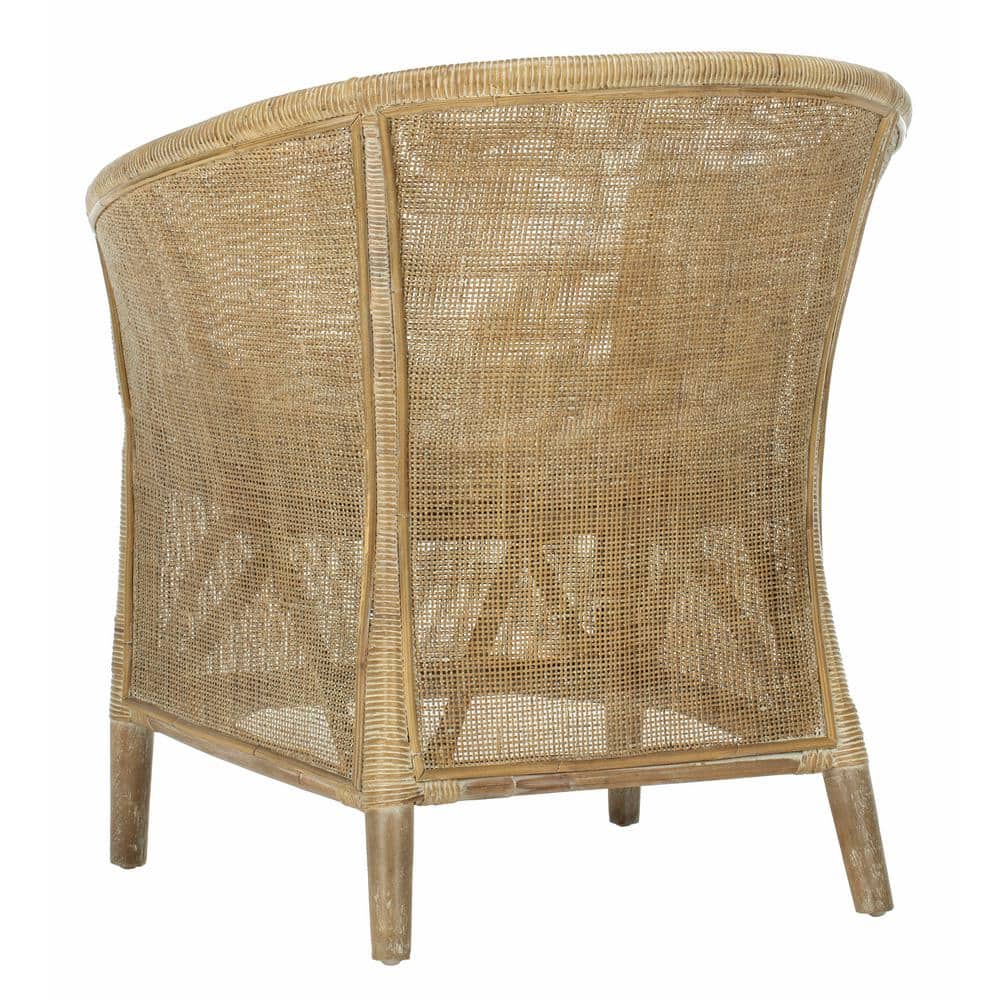Transitional Whitewashed Rattan Armchair with Off-White Linen Cushion
