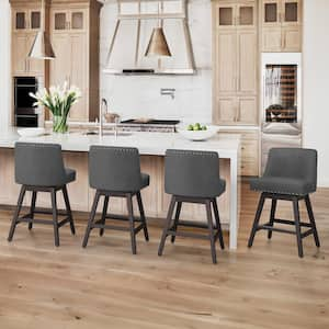 Hampton 26 in. Solid Wood Charcoal Gray Swivel Bar Stools with Back Linen Fabric Upholstered Counter Bar Stool Set of 4