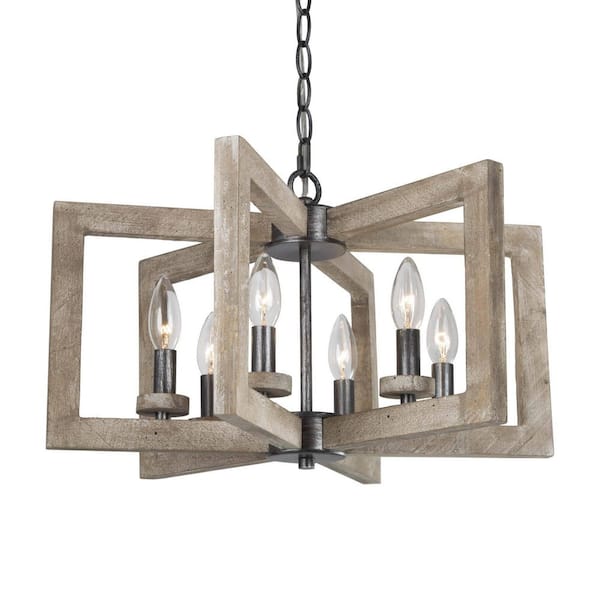 6-Light Brushed Black Rectangle Chandelier with Wood Frame