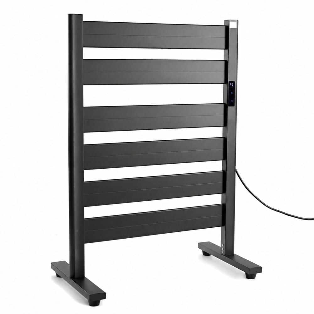 Electric Plug-in Matte Black 6-Bar Free-Standing Heated Towel Rack with Timer, Temperature Adjustment