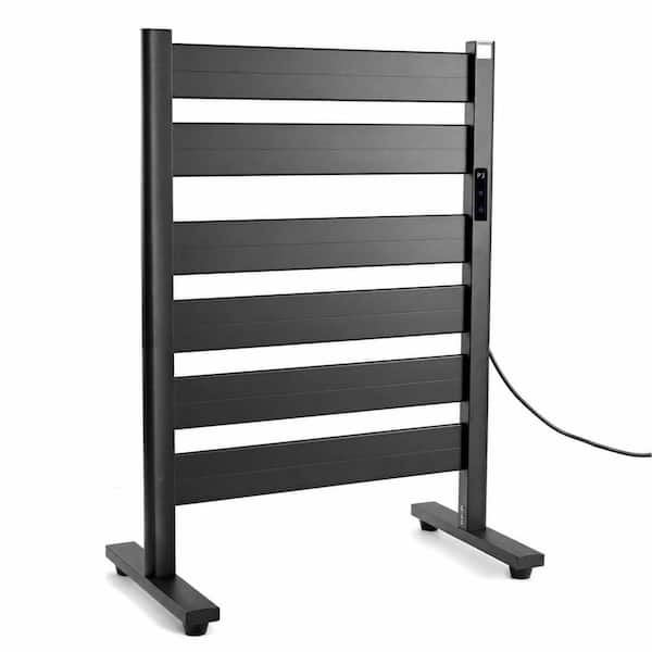 Electric Plug-in Matte Black 6-Bar Free-Standing Heated Towel Rack with Timer, Temperature Adjustment