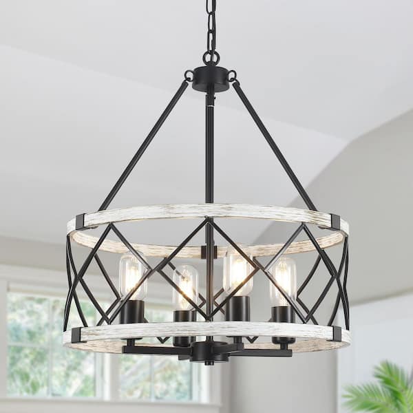 ADSENSTY 4-Light Black and Beige Gray Antique Textured Drum Cage Candlestick Island Chandelier Industrial Pendant Light
