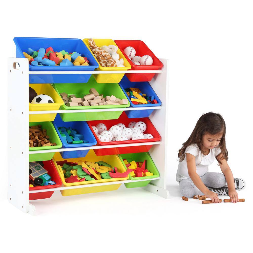 White and Primary Kids' Toy Storage Organizer with 12 Plastic Bins