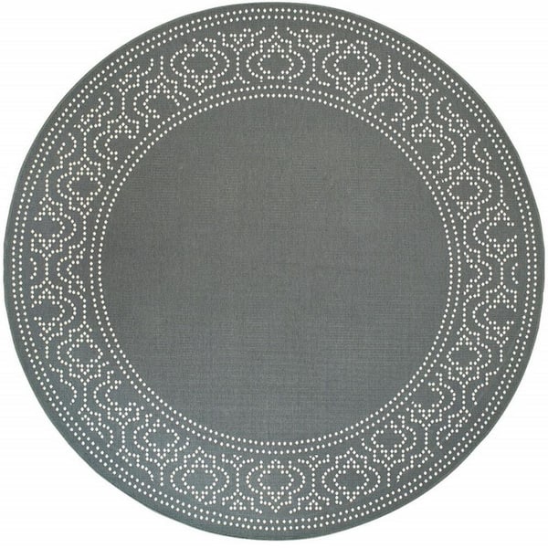 Gray, Ivory 8 ft. x 8 ft. Loomed Border Polypropylene Round Indoor/Outdoor Area Rug