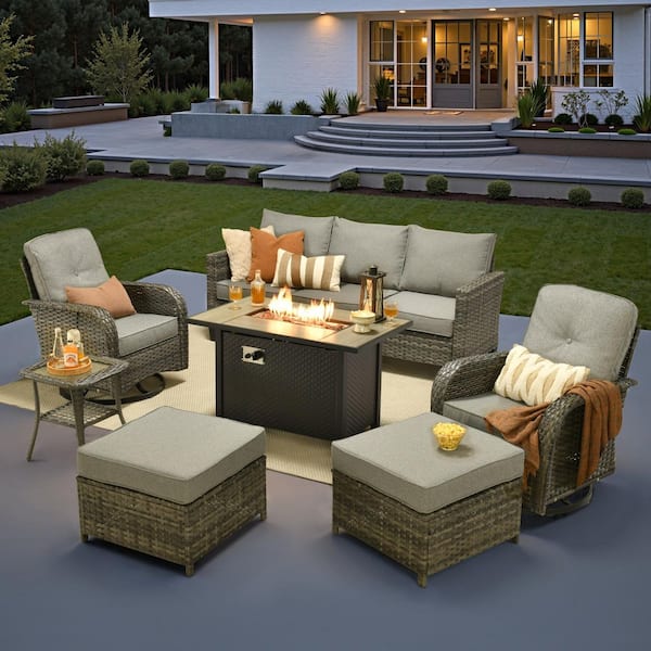 Audrey Gray Wicker 7-Piece Outdoor Patio Furniture Set Patio Conversation Set with Fire Pit and Dark Gray Cushion