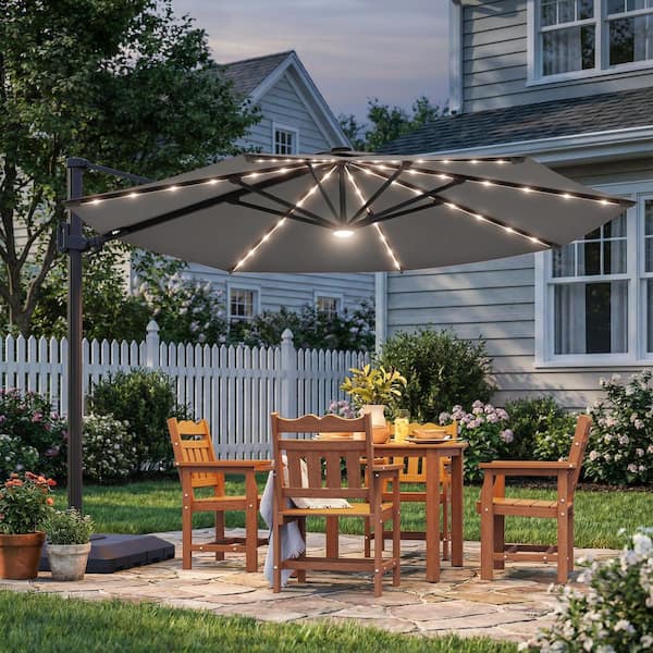 Sonkuki 11 ft. Octagon LED Aluminum Cantilever Patio Umbrella, Foot-controlled 360 rotation with a Base in Gray Sonkuki 11 ft. Octagon LED Aluminum Cantilever Patio Umbrella, Foot-controlled 360 rotation with a Base in Gray