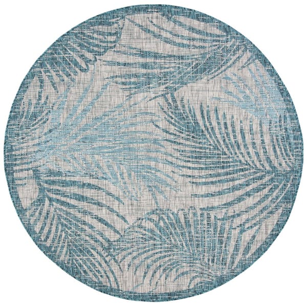 Courtyard Gray/Aqua 7 ft. x 7 ft. Round Border Indoor/Outdoor Patio  Area Rug
